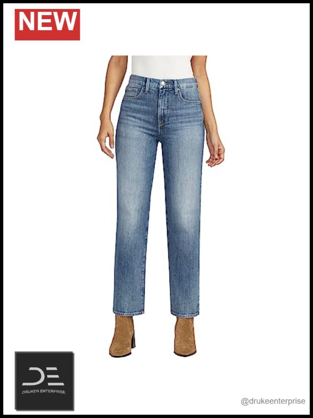 High Rise Tapered Leg Jeans Cotton Blend Embroidered Hem 5-Pocket Zip Fly